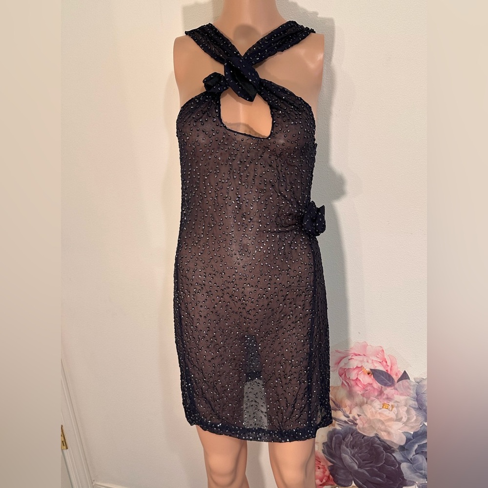 New Coperni Crossover Halter Neck Mini Dress in Dark Navy mesh sheer sparkle - Picture 4 of 10
